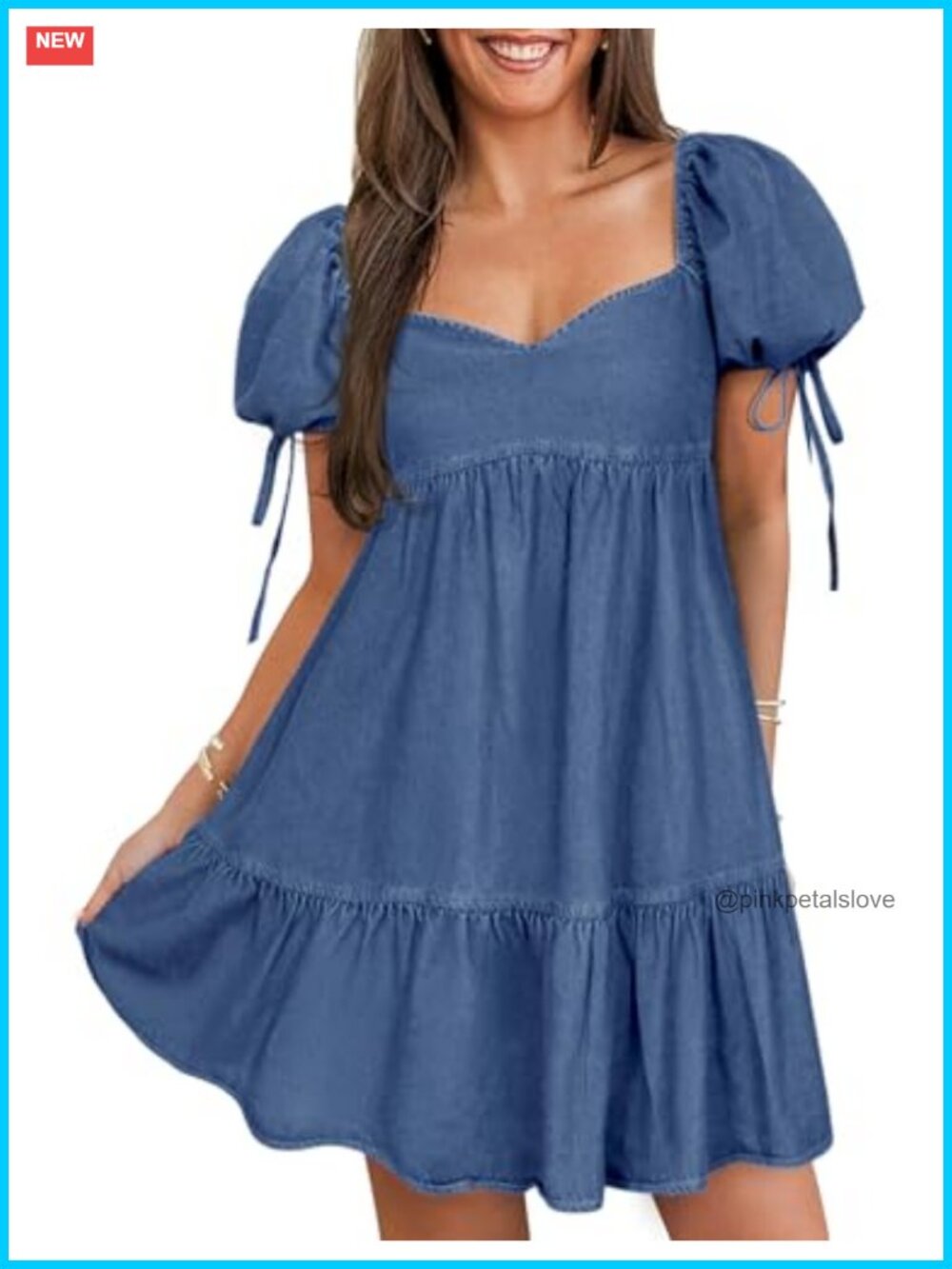 POTILI Denim Mini Dress Puff Short Sleeve Sweetheart Neck A-Line